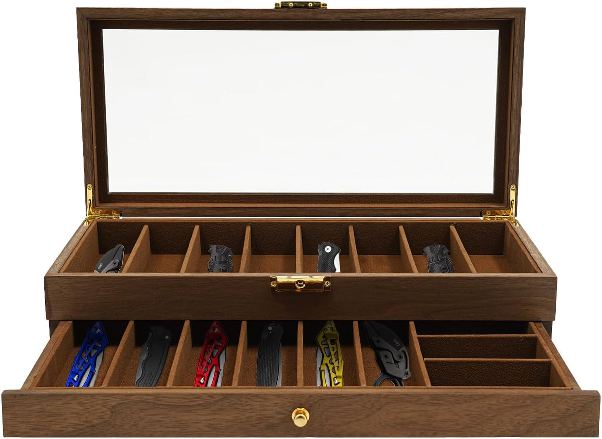 2-Tier Pocket Knife Display Case, 17 Compartments Pocket Knife Case with Glass Lid & Drawer, Knife Cases for Collections, Pocket Knife Storage for Men Gift (Walnut Color)