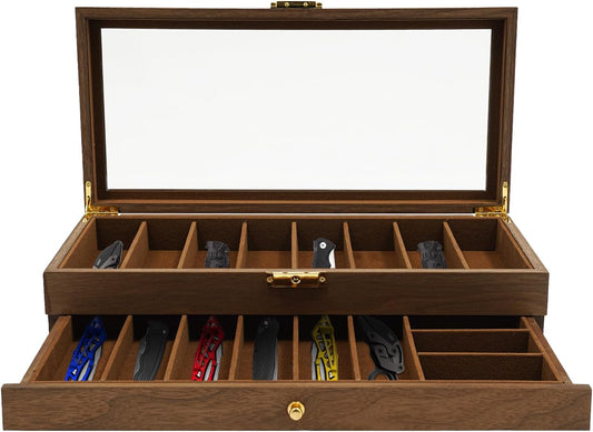 2-Tier Pocket Knife Display Case, 17 Compartments Pocket Knife Case with Glass Lid & Drawer, Knife Cases for Collections, Pocket Knife Storage for Men Gift (Walnut Color)
