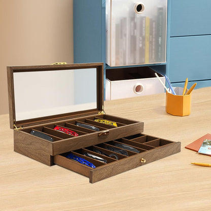 2-Tier Pocket Knife Display Case, 17 Compartments Pocket Knife Case with Glass Lid & Drawer, Knife Cases for Collections, Pocket Knife Storage for Men Gift (Walnut Color)