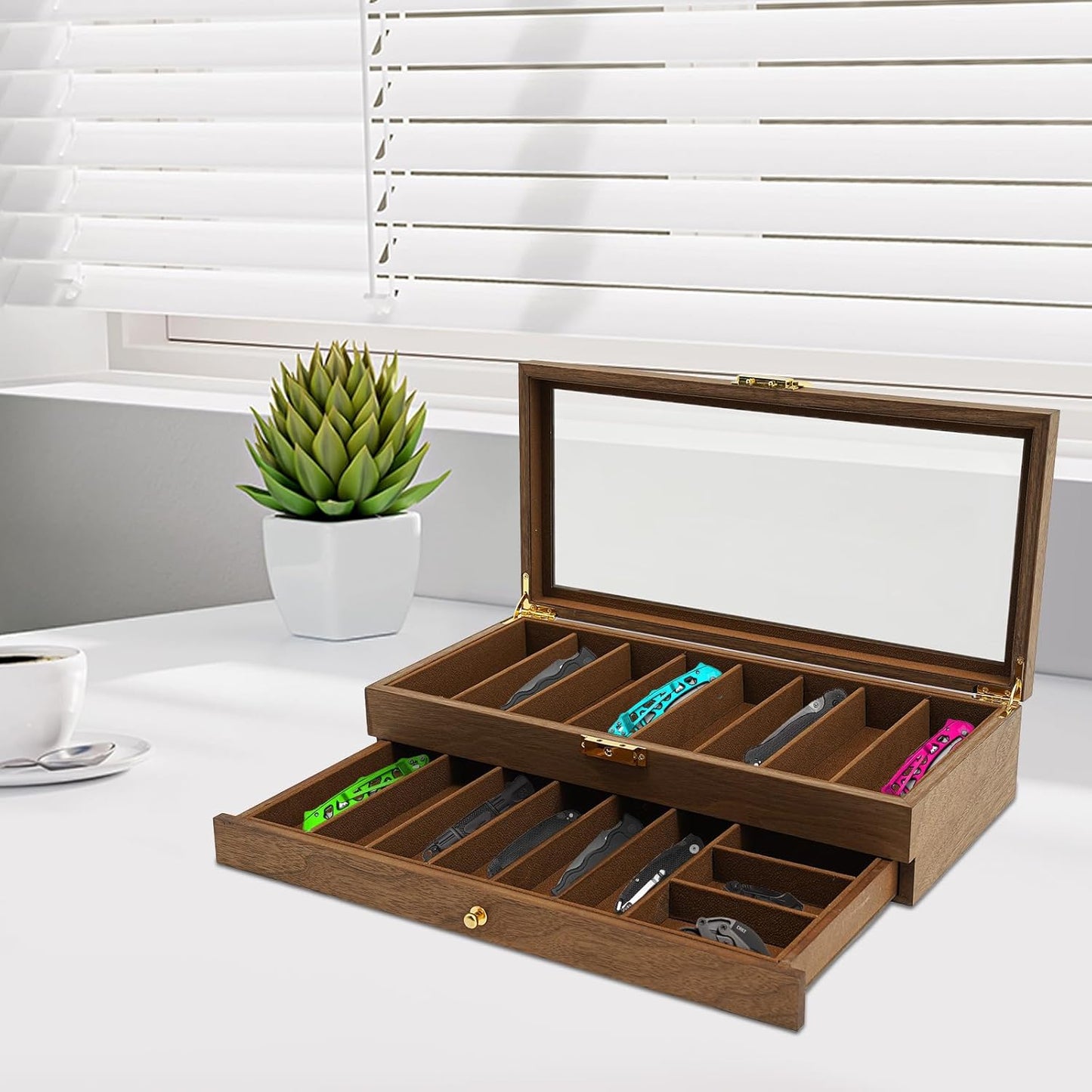 2-Tier Pocket Knife Display Case, 17 Compartments Pocket Knife Case with Glass Lid & Drawer, Knife Cases for Collections, Pocket Knife Storage for Men Gift (Walnut Color)