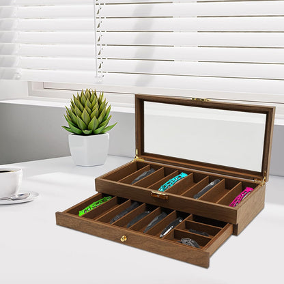 2-Tier Pocket Knife Display Case, 17 Compartments Pocket Knife Case with Glass Lid & Drawer, Knife Cases for Collections, Pocket Knife Storage for Men Gift (Walnut Color)
