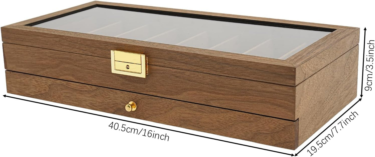 2-Tier Pocket Knife Display Case, 17 Compartments Pocket Knife Case with Glass Lid & Drawer, Knife Cases for Collections, Pocket Knife Storage for Men Gift (Walnut Color)