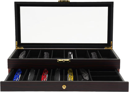 2-Tier Pocket Knife Display Case, 17 Compartments Pocket Knife Case with Glass Lid & Drawer, Knife Cases for Collections, Pocket Knife Storage for Men Gift (Walnut Color)
