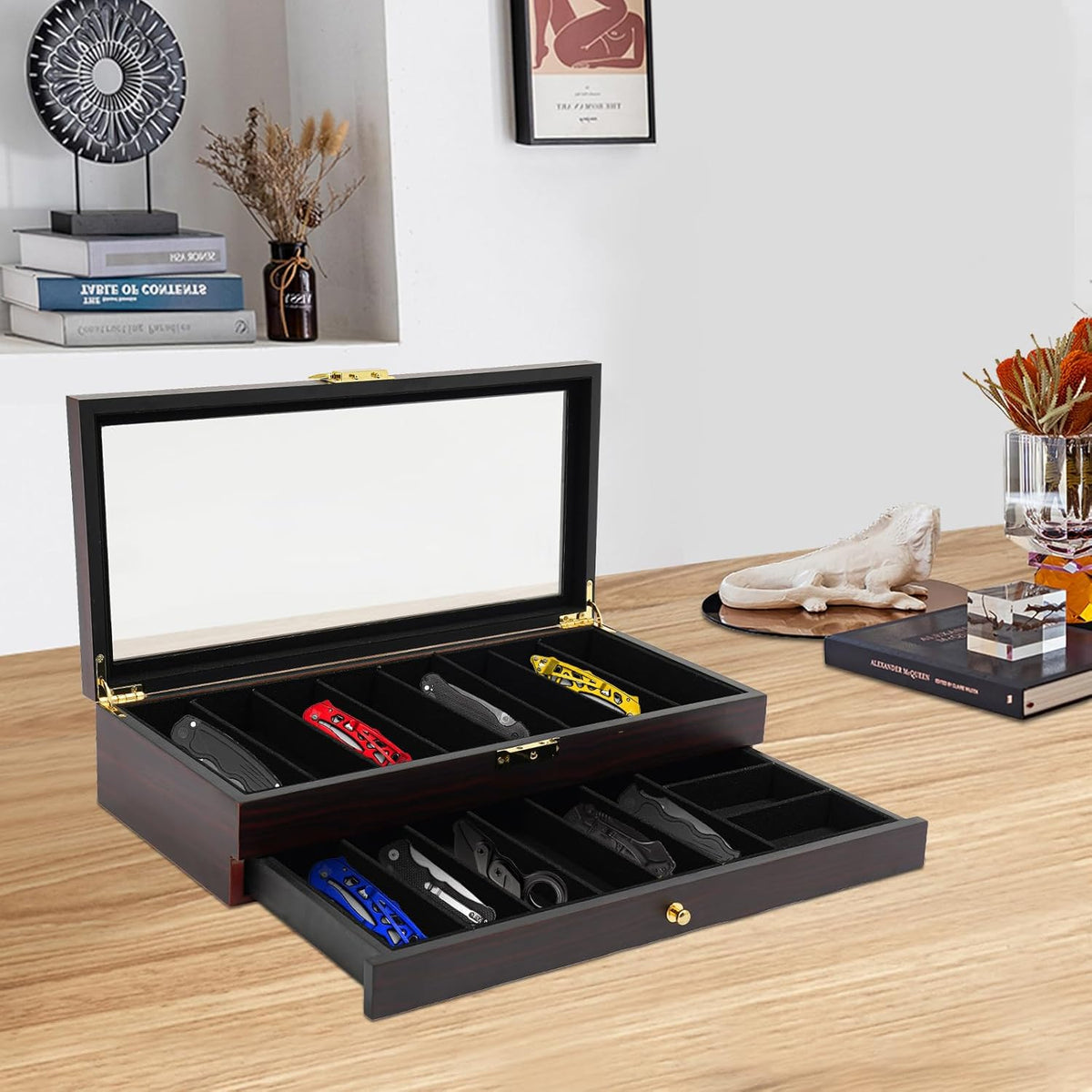 2-Tier Pocket Knife Display Case, 17 Compartments Pocket Knife Case with Glass Lid & Drawer, Knife Cases for Collections, Pocket Knife Storage for Men Gift (Walnut Color)
