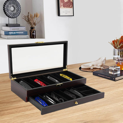 2-Tier Pocket Knife Display Case, 17 Compartments Pocket Knife Case with Glass Lid & Drawer, Knife Cases for Collections, Pocket Knife Storage for Men Gift (Walnut Color)