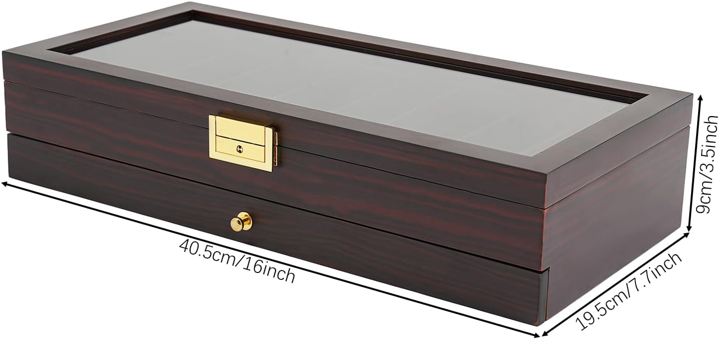 2-Tier Pocket Knife Display Case, 17 Compartments Pocket Knife Case with Glass Lid & Drawer, Knife Cases for Collections, Pocket Knife Storage for Men Gift (Walnut Color)