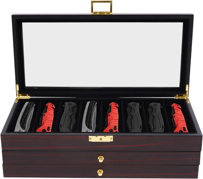 2-Tier Pocket Knife Display Case, 17 Compartments Pocket Knife Case with Glass Lid & Drawer, Knife Cases for Collections, Pocket Knife Storage for Men Gift (Walnut Color)