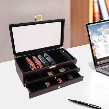 2-Tier Pocket Knife Display Case, 17 Compartments Pocket Knife Case with Glass Lid & Drawer, Knife Cases for Collections, Pocket Knife Storage for Men Gift (Walnut Color)