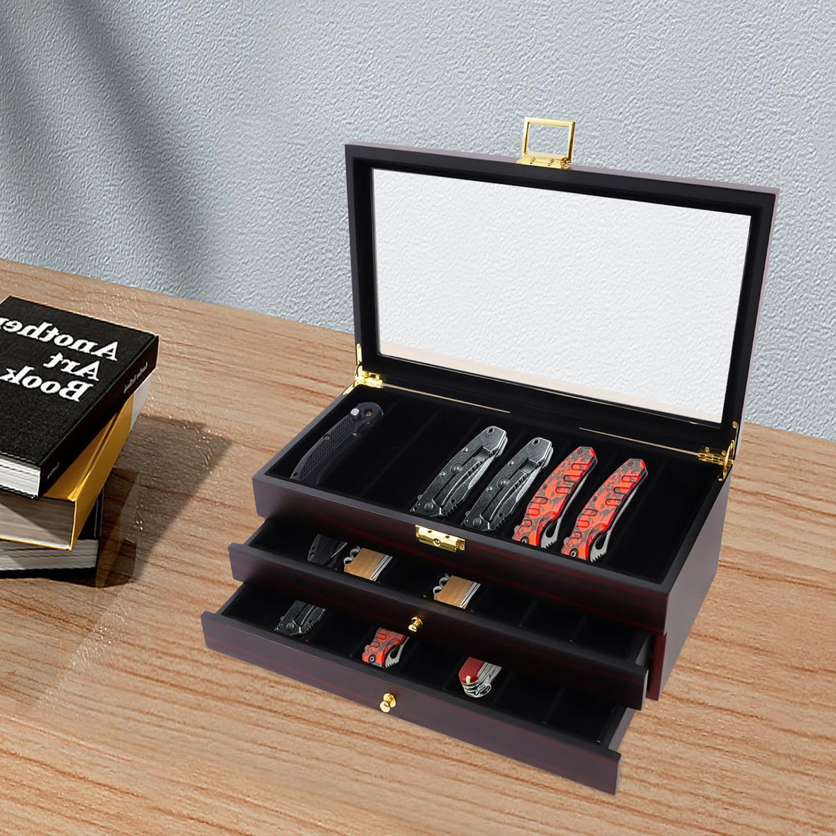2-Tier Pocket Knife Display Case, 17 Compartments Pocket Knife Case with Glass Lid & Drawer, Knife Cases for Collections, Pocket Knife Storage for Men Gift (Walnut Color)