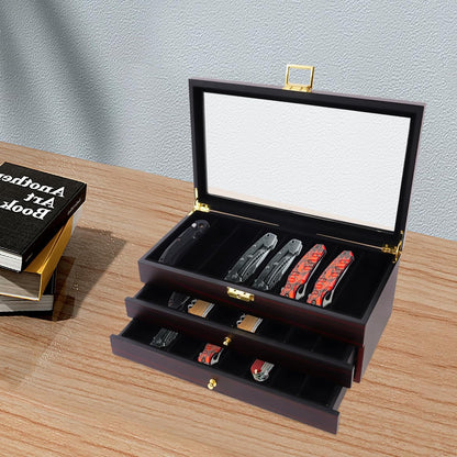 2-Tier Pocket Knife Display Case, 17 Compartments Pocket Knife Case with Glass Lid & Drawer, Knife Cases for Collections, Pocket Knife Storage for Men Gift (Walnut Color)