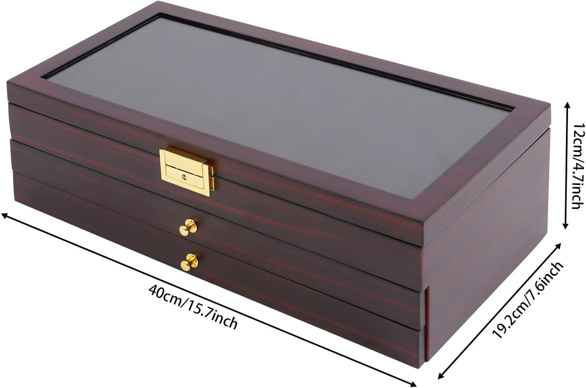 2-Tier Pocket Knife Display Case, 17 Compartments Pocket Knife Case with Glass Lid & Drawer, Knife Cases for Collections, Pocket Knife Storage for Men Gift (Walnut Color)