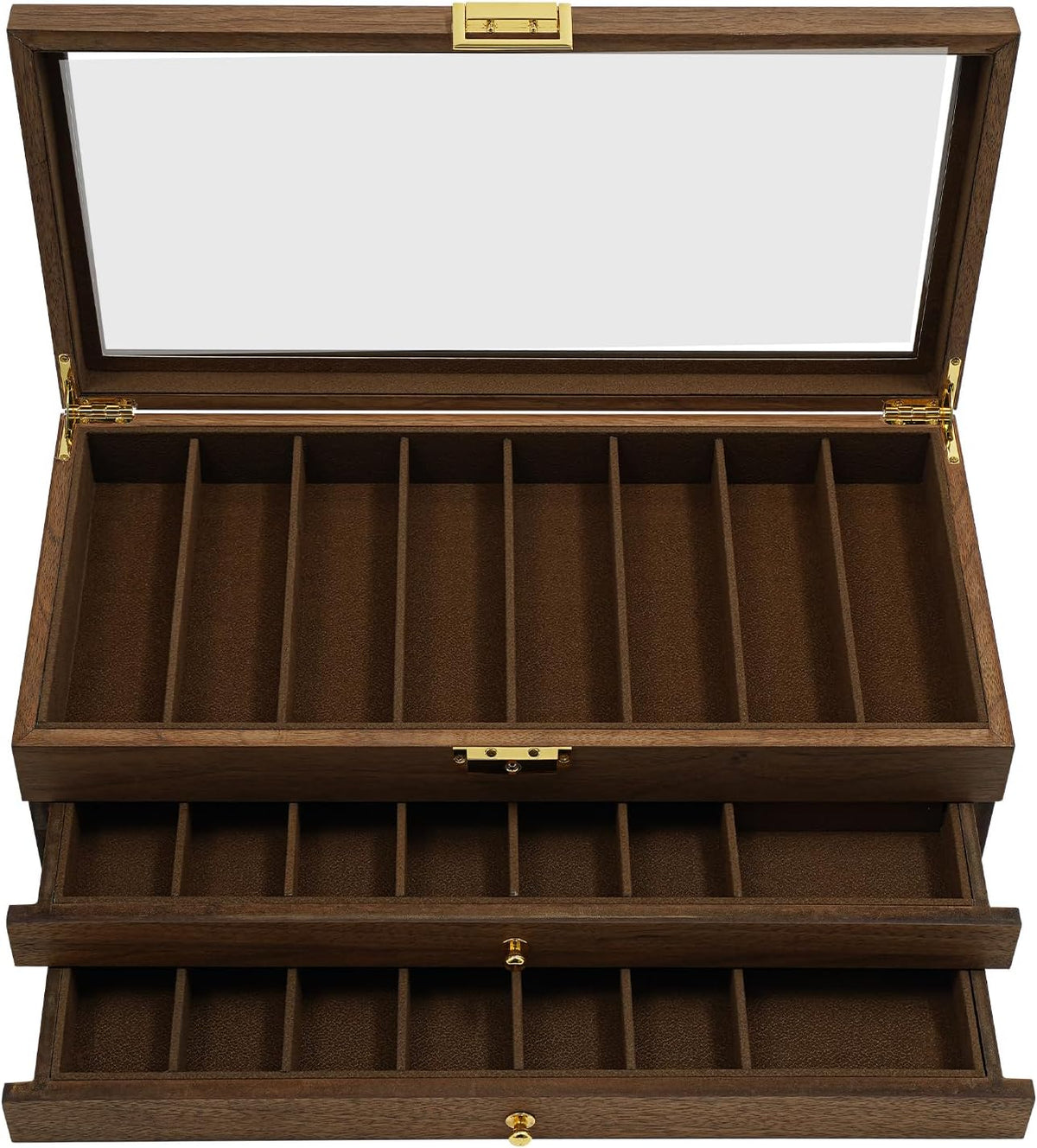 2-Tier Pocket Knife Display Case, 17 Compartments Pocket Knife Case with Glass Lid & Drawer, Knife Cases for Collections, Pocket Knife Storage for Men Gift (Walnut Color)