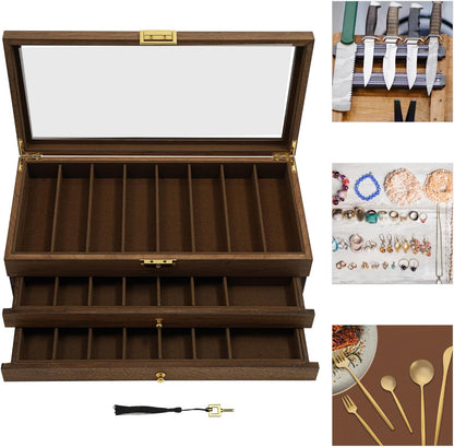 2-Tier Pocket Knife Display Case, 17 Compartments Pocket Knife Case with Glass Lid & Drawer, Knife Cases for Collections, Pocket Knife Storage for Men Gift (Walnut Color)