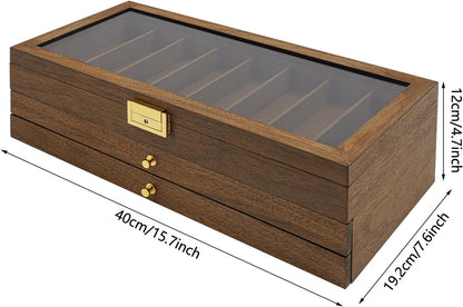 2-Tier Pocket Knife Display Case, 17 Compartments Pocket Knife Case with Glass Lid & Drawer, Knife Cases for Collections, Pocket Knife Storage for Men Gift (Walnut Color)
