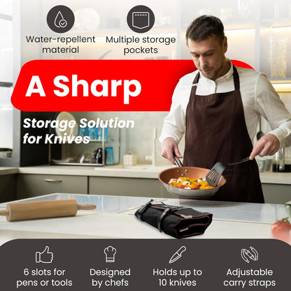Chef Knife Bag for 10 Knives & Utensils - Waxed Canvas & Vegan Leather - Travel Knife Case with Straps - Professional Chef Roll Bag