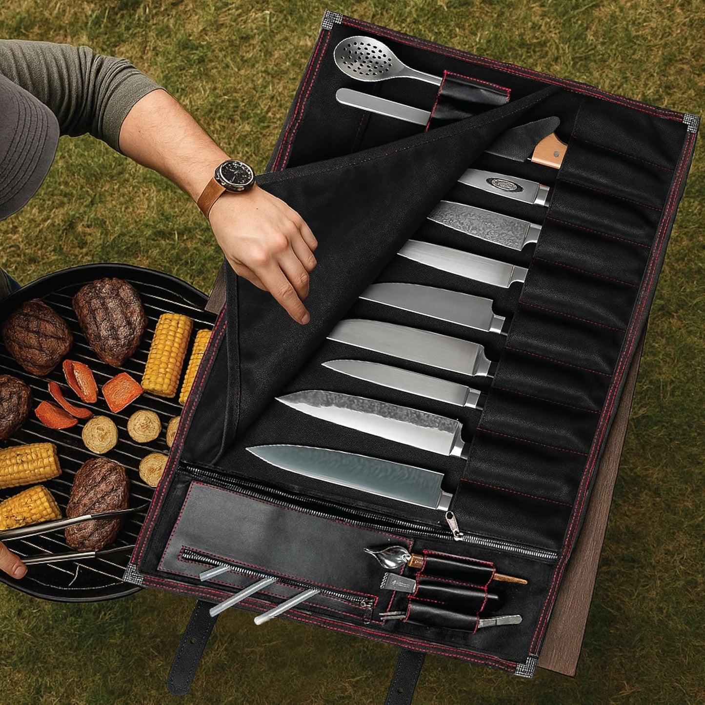 Chef Knife Bag for 10 Knives & Utensils - Waxed Canvas & Vegan Leather - Travel Knife Case with Straps - Professional Chef Roll Bag