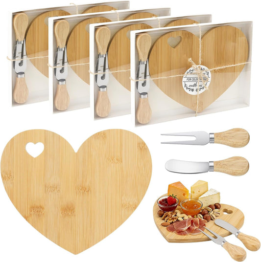 4 Set Bridal Baby Shower Favor, Heart Shape Charcuterie Board, Small Cheese Board with Knife and Fork, Small Bamboo Heart Cutting Board for Guest Bridal Baby Shower Prize Wedding Birthday Valentines