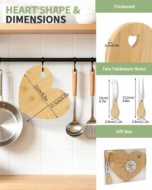 4 Set Bridal Baby Shower Favor, Heart Shape Charcuterie Board, Small Cheese Board with Knife and Fork, Small Bamboo Heart Cutting Board for Guest Bridal Baby Shower Prize Wedding Birthday Valentines