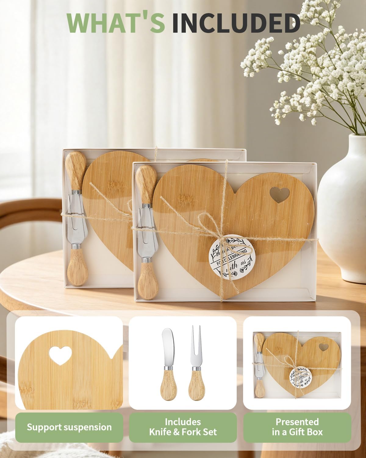 4 Set Bridal Baby Shower Favor, Heart Shape Charcuterie Board, Small Cheese Board with Knife and Fork, Small Bamboo Heart Cutting Board for Guest Bridal Baby Shower Prize Wedding Birthday Valentines