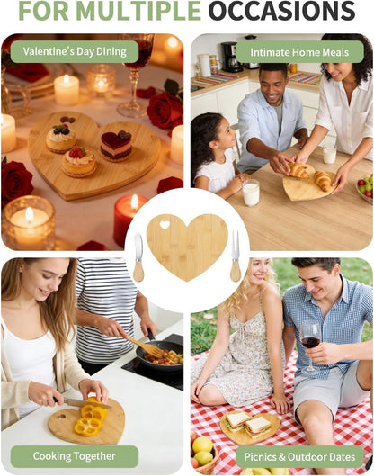 4 Set Bridal Baby Shower Favor, Heart Shape Charcuterie Board, Small Cheese Board with Knife and Fork, Small Bamboo Heart Cutting Board for Guest Bridal Baby Shower Prize Wedding Birthday Valentines