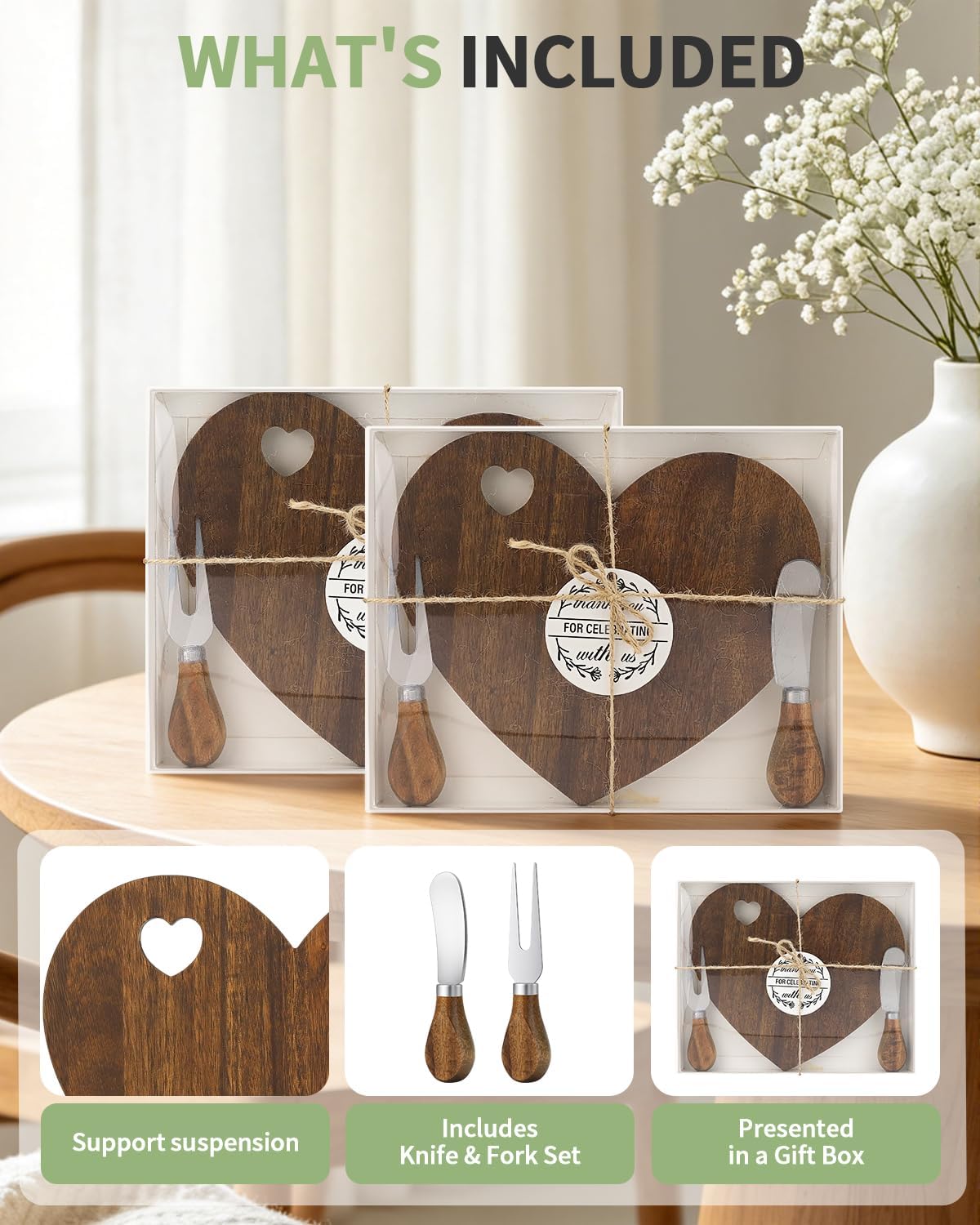 4 Set Bridal Baby Shower Favor, Heart Shape Charcuterie Board, Small Cheese Board with Knife and Fork, Small Bamboo Heart Cutting Board for Guest Bridal Baby Shower Prize Wedding Birthday Valentines