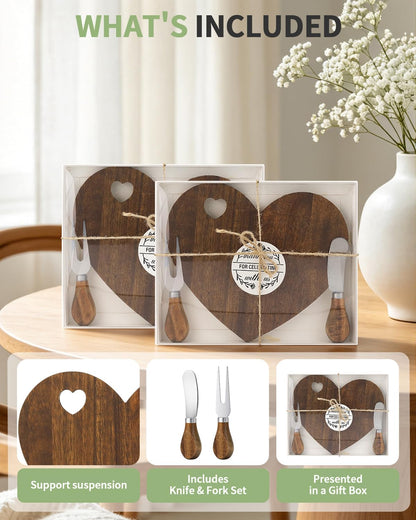 4 Set Bridal Baby Shower Favor, Heart Shape Charcuterie Board, Small Cheese Board with Knife and Fork, Small Bamboo Heart Cutting Board for Guest Bridal Baby Shower Prize Wedding Birthday Valentines