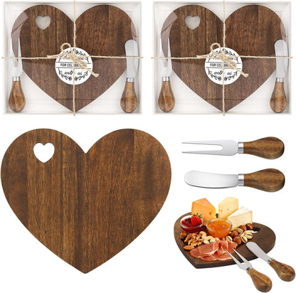 4 Set Bridal Baby Shower Favor, Heart Shape Charcuterie Board, Small Cheese Board with Knife and Fork, Small Bamboo Heart Cutting Board for Guest Bridal Baby Shower Prize Wedding Birthday Valentines
