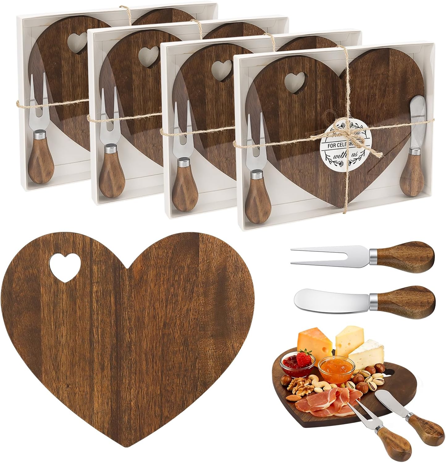 4 Set Bridal Baby Shower Favor, Heart Shape Charcuterie Board, Small Cheese Board with Knife and Fork, Small Bamboo Heart Cutting Board for Guest Bridal Baby Shower Prize Wedding Birthday Valentines