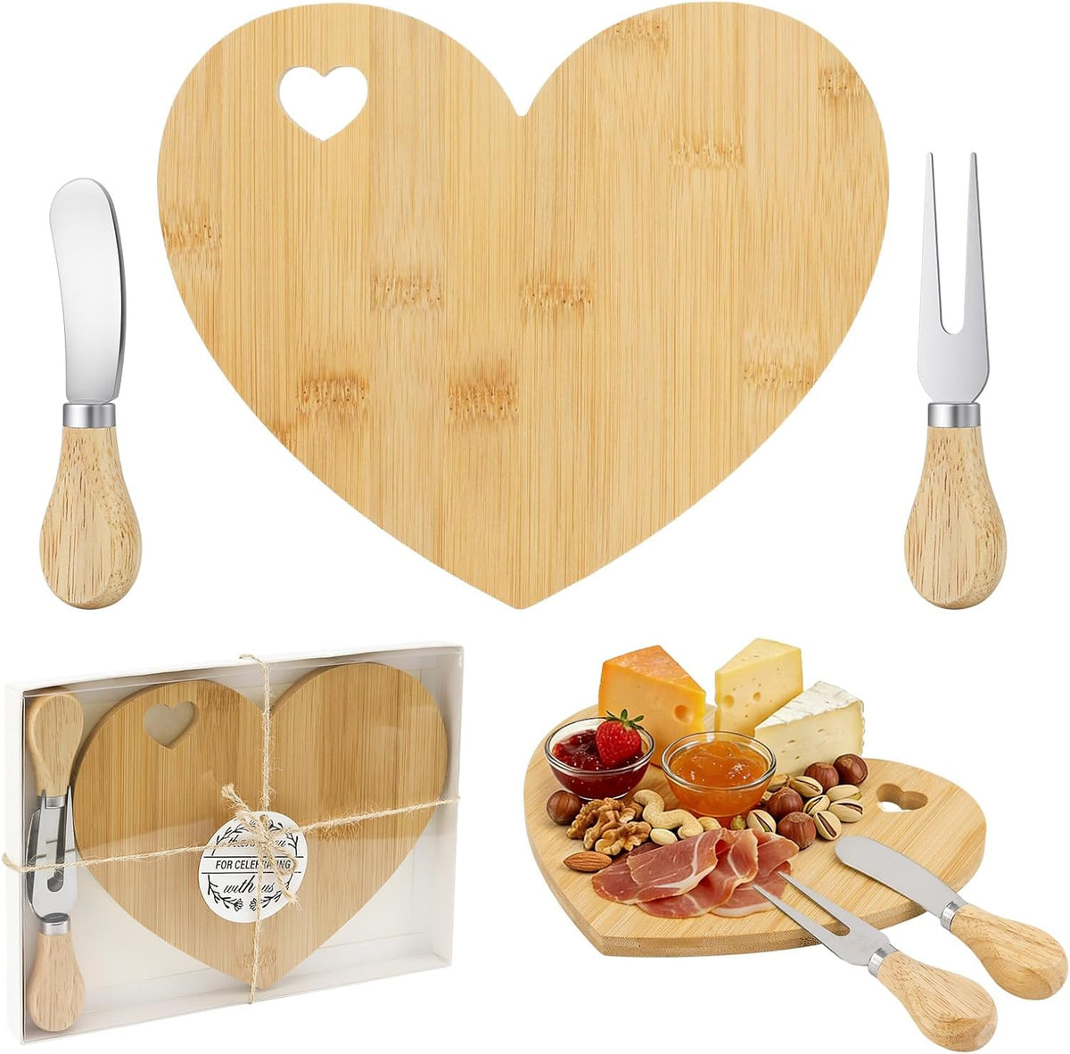 4 Set Bridal Baby Shower Favor, Heart Shape Charcuterie Board, Small Cheese Board with Knife and Fork, Small Bamboo Heart Cutting Board for Guest Bridal Baby Shower Prize Wedding Birthday Valentines