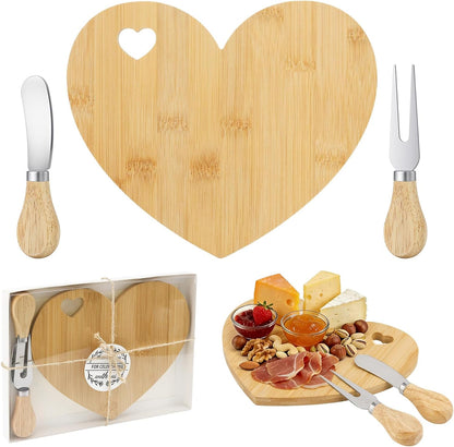 4 Set Bridal Baby Shower Favor, Heart Shape Charcuterie Board, Small Cheese Board with Knife and Fork, Small Bamboo Heart Cutting Board for Guest Bridal Baby Shower Prize Wedding Birthday Valentines