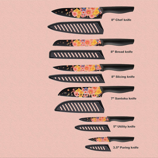 Knife Set Artistic Designed Pattern Kitchen Knife 6 Stainless Steel Kitchen Knives w 6 Blade Guards,Dishwasher Safe Kitchen Knife Sets for Family Knives Set for Chefs