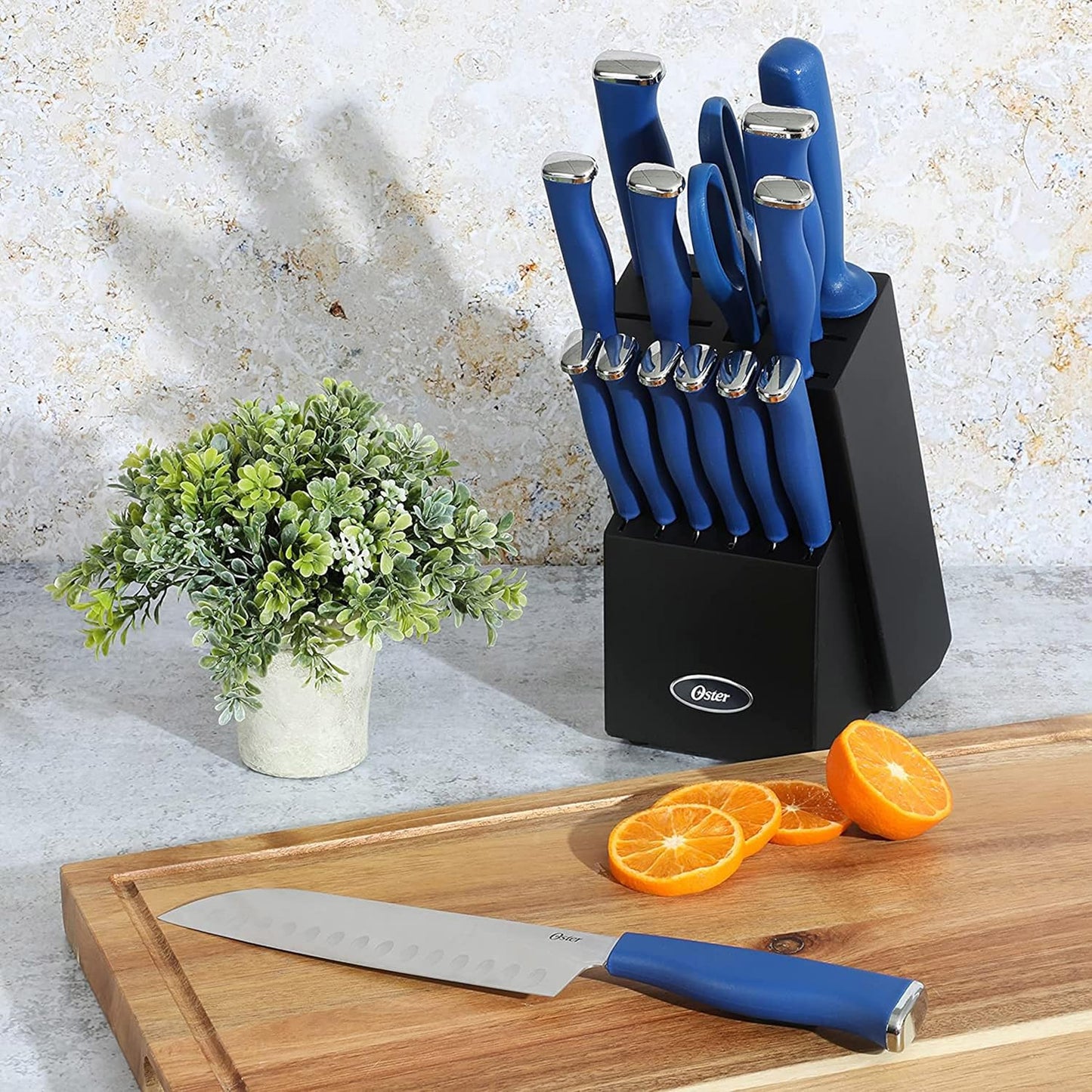 Langmore 15-Piece Stainless Steel Cutlery Knife Block Set with Classic Blue Handles – Full Kitchen Knife Set in Black Storage Box