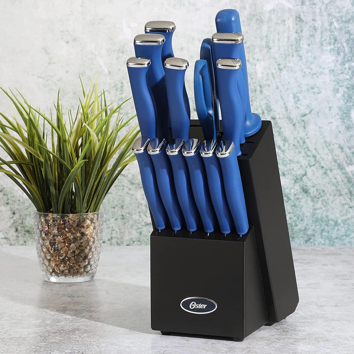 Langmore 15-Piece Stainless Steel Cutlery Knife Block Set with Classic Blue Handles – Full Kitchen Knife Set in Black Storage Box