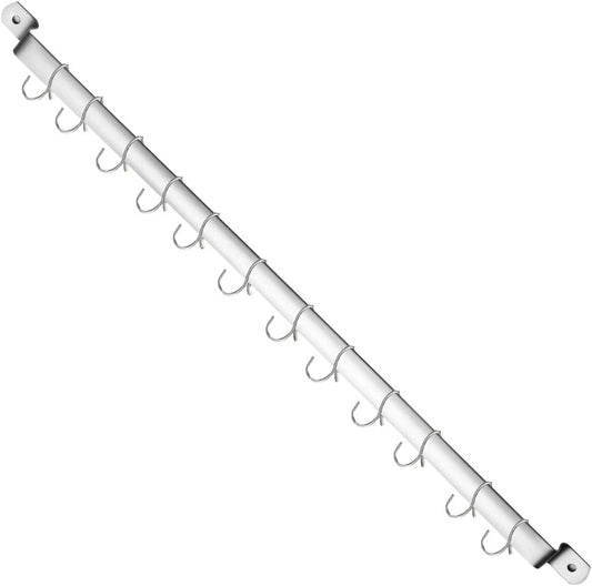 Kitchen Utensil Rail Organizer - Wall Mounted Gourmet Rack With 14 Hooks for Hanging Knives, Mugs, Spatulas, Pots and Utensils