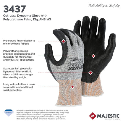 Cut-Less Dyneema Glove with Polyurethane Palm | 1 Pair - XL | 13 Gauge Liner, Pre-Curved Finger, Lightweight, Breathable, Gray/Black | for Automotive, Industrial, Manufacturing | 3437