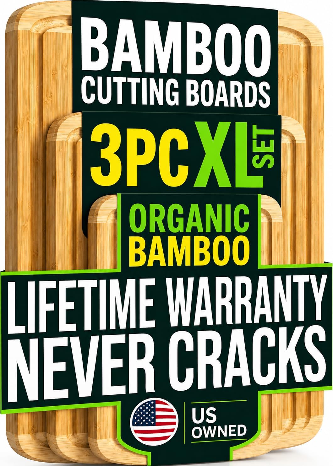 Luxury XL Bamboo Cutting Board Set of 3 with Vertical Grain Strength Technology - Extra Large Wood Cutting Boards for Kitchen and Lightweight Chopping Board Set - Replacements for Life