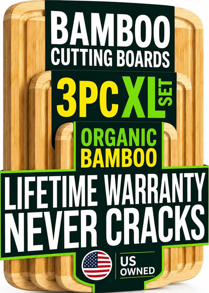 Luxury XL Bamboo Cutting Board Set of 3 with Vertical Grain Strength Technology - Extra Large Wood Cutting Boards for Kitchen and Lightweight Chopping Board Set - Replacements for Life
