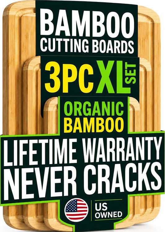 Luxury XL Bamboo Cutting Board Set of 3 with Vertical Grain Strength Technology - Extra Large Wood Cutting Boards for Kitchen and Lightweight Chopping Board Set - Replacements for Life