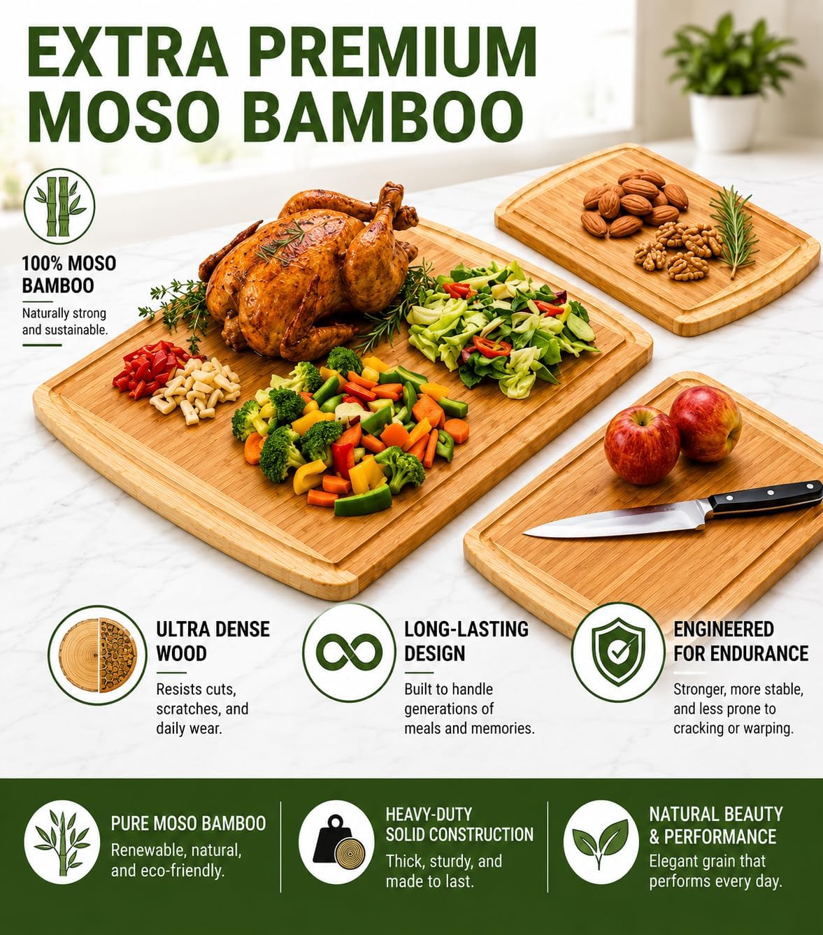 Luxury XL Bamboo Cutting Board Set of 3 with Vertical Grain Strength Technology - Extra Large Wood Cutting Boards for Kitchen and Lightweight Chopping Board Set - Replacements for Life