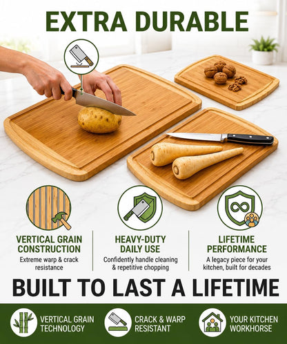 Luxury XL Bamboo Cutting Board Set of 3 with Vertical Grain Strength Technology - Extra Large Wood Cutting Boards for Kitchen and Lightweight Chopping Board Set - Replacements for Life