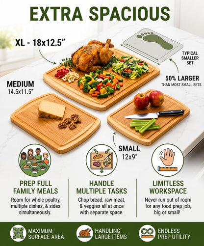 Luxury XL Bamboo Cutting Board Set of 3 with Vertical Grain Strength Technology - Extra Large Wood Cutting Boards for Kitchen and Lightweight Chopping Board Set - Replacements for Life