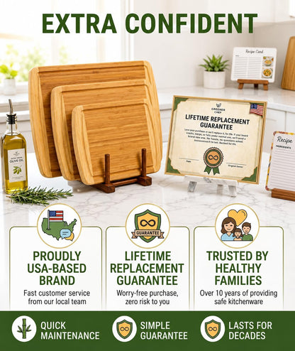 Luxury XL Bamboo Cutting Board Set of 3 with Vertical Grain Strength Technology - Extra Large Wood Cutting Boards for Kitchen and Lightweight Chopping Board Set - Replacements for Life