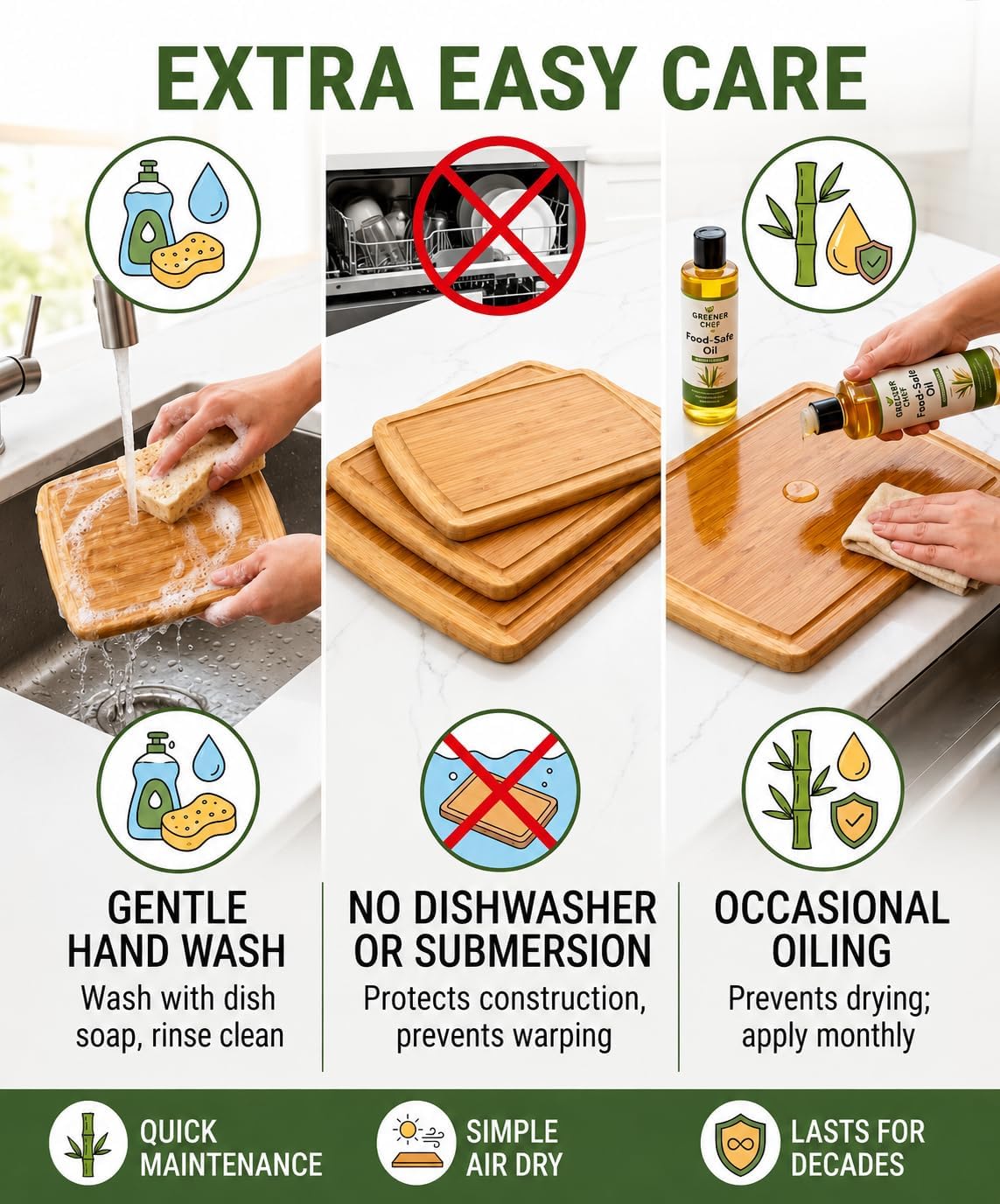 Luxury XL Bamboo Cutting Board Set of 3 with Vertical Grain Strength Technology - Extra Large Wood Cutting Boards for Kitchen and Lightweight Chopping Board Set - Replacements for Life