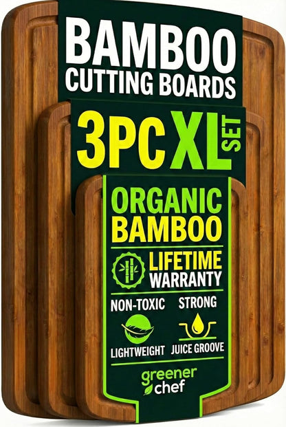 Luxury XL Bamboo Cutting Board Set of 3 with Vertical Grain Strength Technology - Extra Large Wood Cutting Boards for Kitchen and Lightweight Chopping Board Set - Replacements for Life
