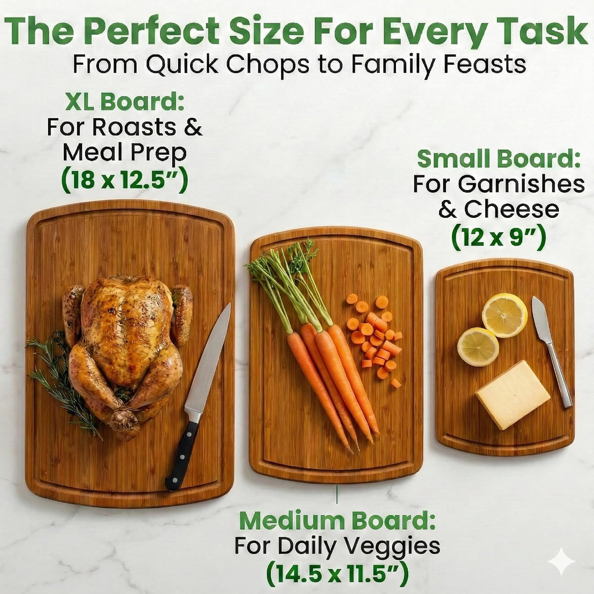 Luxury XL Bamboo Cutting Board Set of 3 with Vertical Grain Strength Technology - Extra Large Wood Cutting Boards for Kitchen and Lightweight Chopping Board Set - Replacements for Life