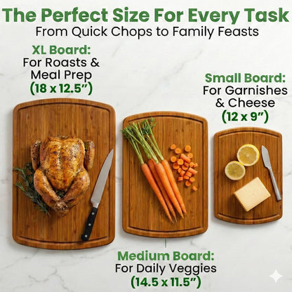 Luxury XL Bamboo Cutting Board Set of 3 with Vertical Grain Strength Technology - Extra Large Wood Cutting Boards for Kitchen and Lightweight Chopping Board Set - Replacements for Life