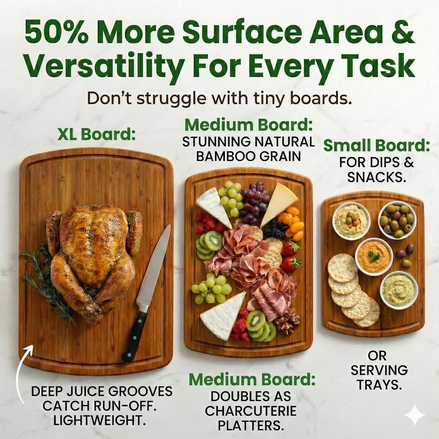 Luxury XL Bamboo Cutting Board Set of 3 with Vertical Grain Strength Technology - Extra Large Wood Cutting Boards for Kitchen and Lightweight Chopping Board Set - Replacements for Life