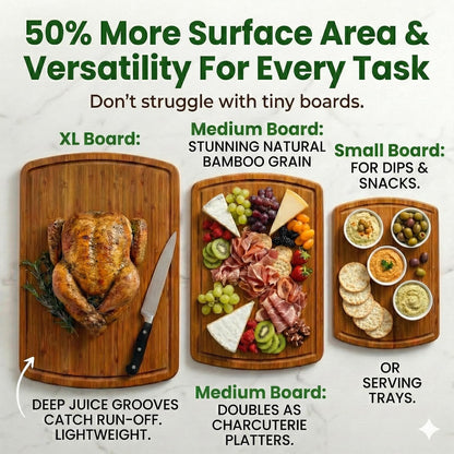 Luxury XL Bamboo Cutting Board Set of 3 with Vertical Grain Strength Technology - Extra Large Wood Cutting Boards for Kitchen and Lightweight Chopping Board Set - Replacements for Life