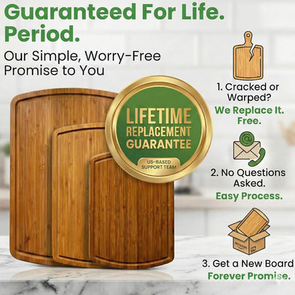 Luxury XL Bamboo Cutting Board Set of 3 with Vertical Grain Strength Technology - Extra Large Wood Cutting Boards for Kitchen and Lightweight Chopping Board Set - Replacements for Life