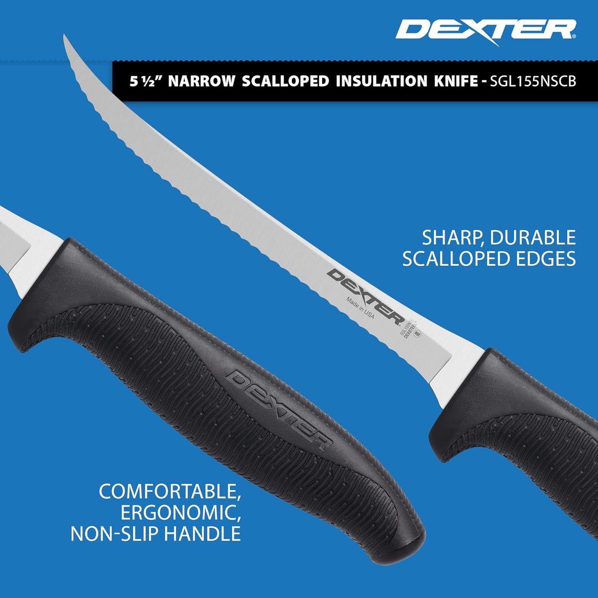 6" Scalloped Insulation Knife, High-Carbon Stainless | Scalloped high-carbon stainless edge cuts insulation cleanly. Slip-resistant black grip trusted by professional installers.